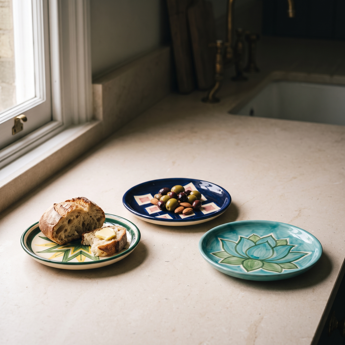 Three of the plates in use on a kitchen table with bread and olives