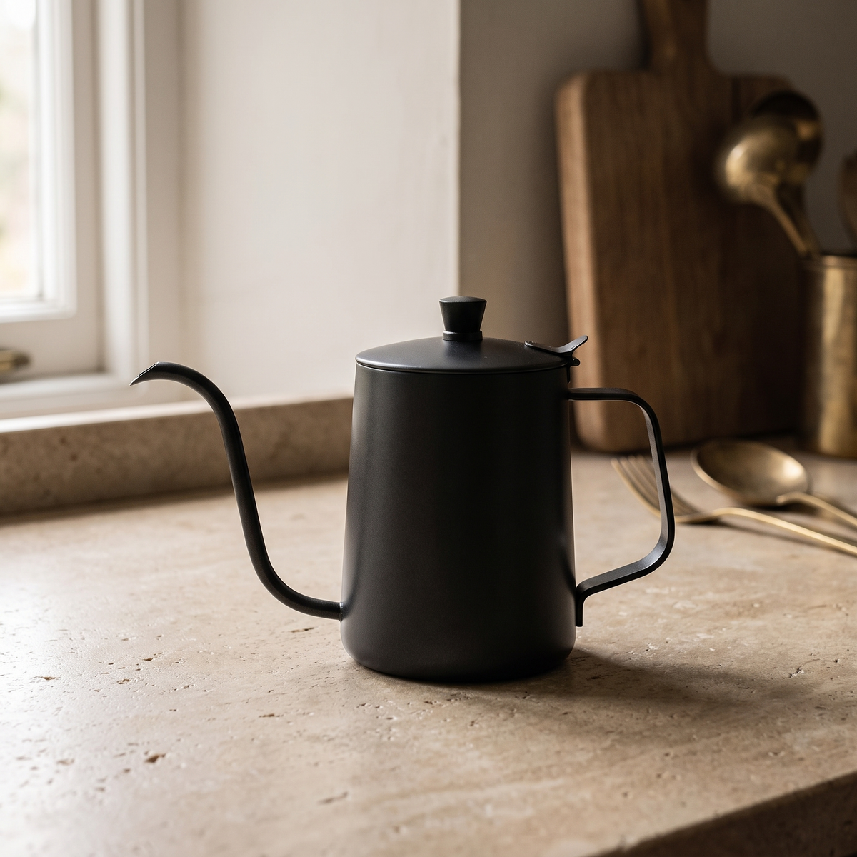 The kettle in profile, showing the full sweep of the gooseneck spout