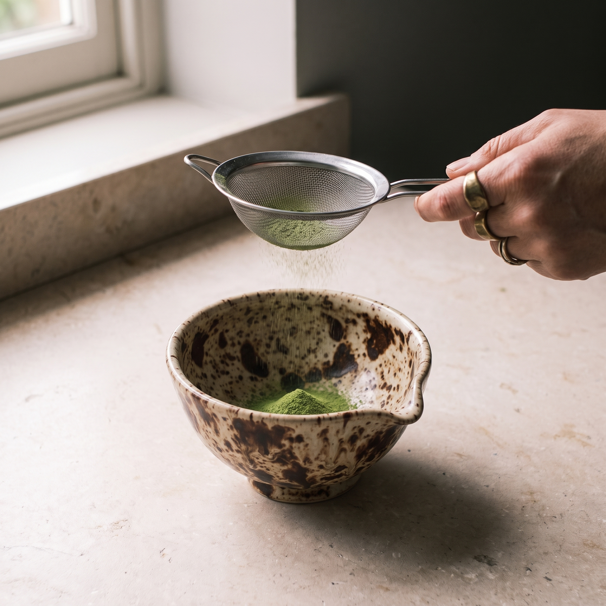 Sifting matcha powder through the steel mesh sifter into the bowl
