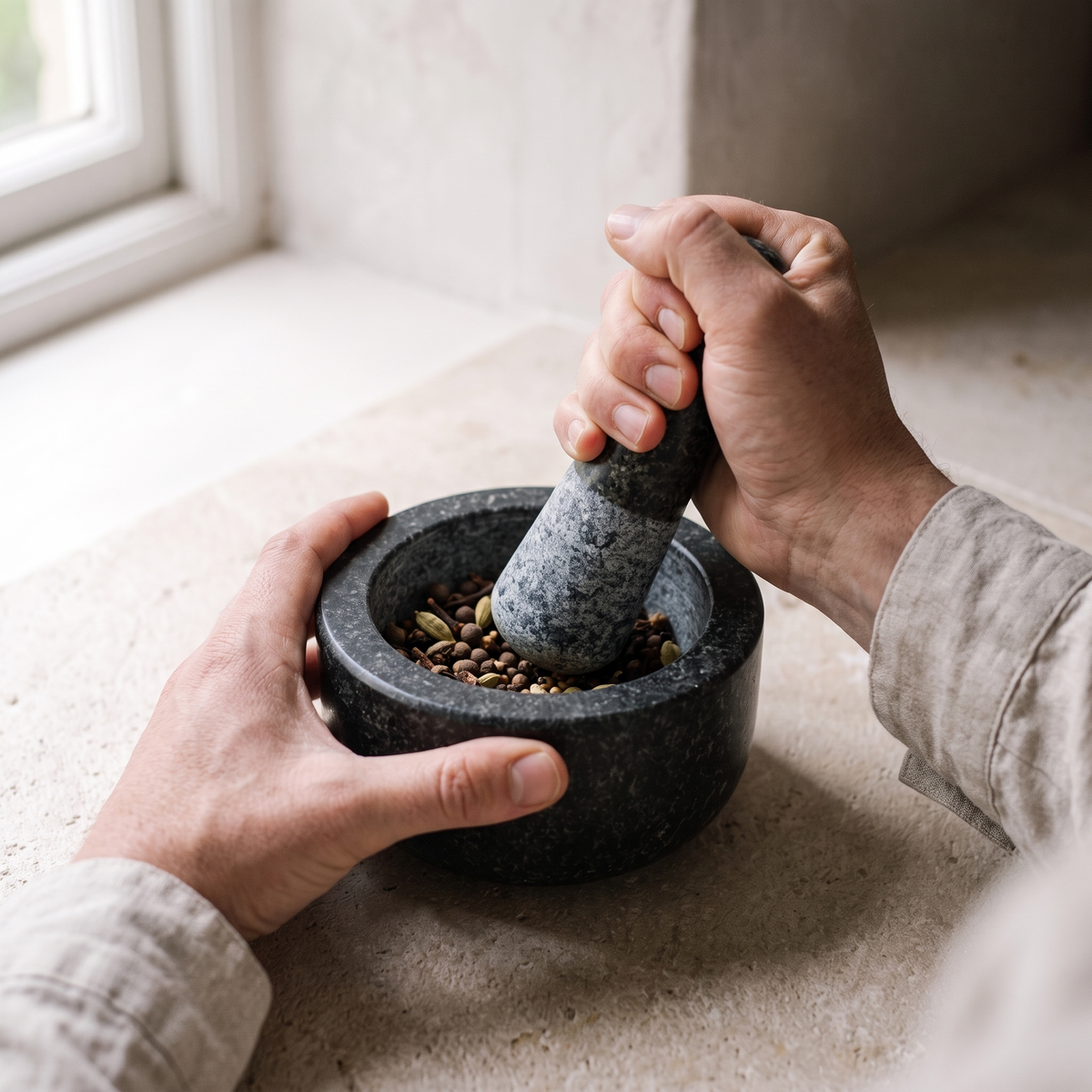 Hands crushing whole spices in the granite mortar, showing its small size