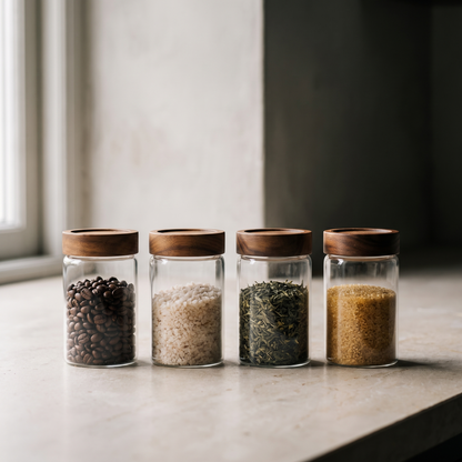 The four jars in a row, filled with coffee, sea salt, loose leaf tea and demerara sugar