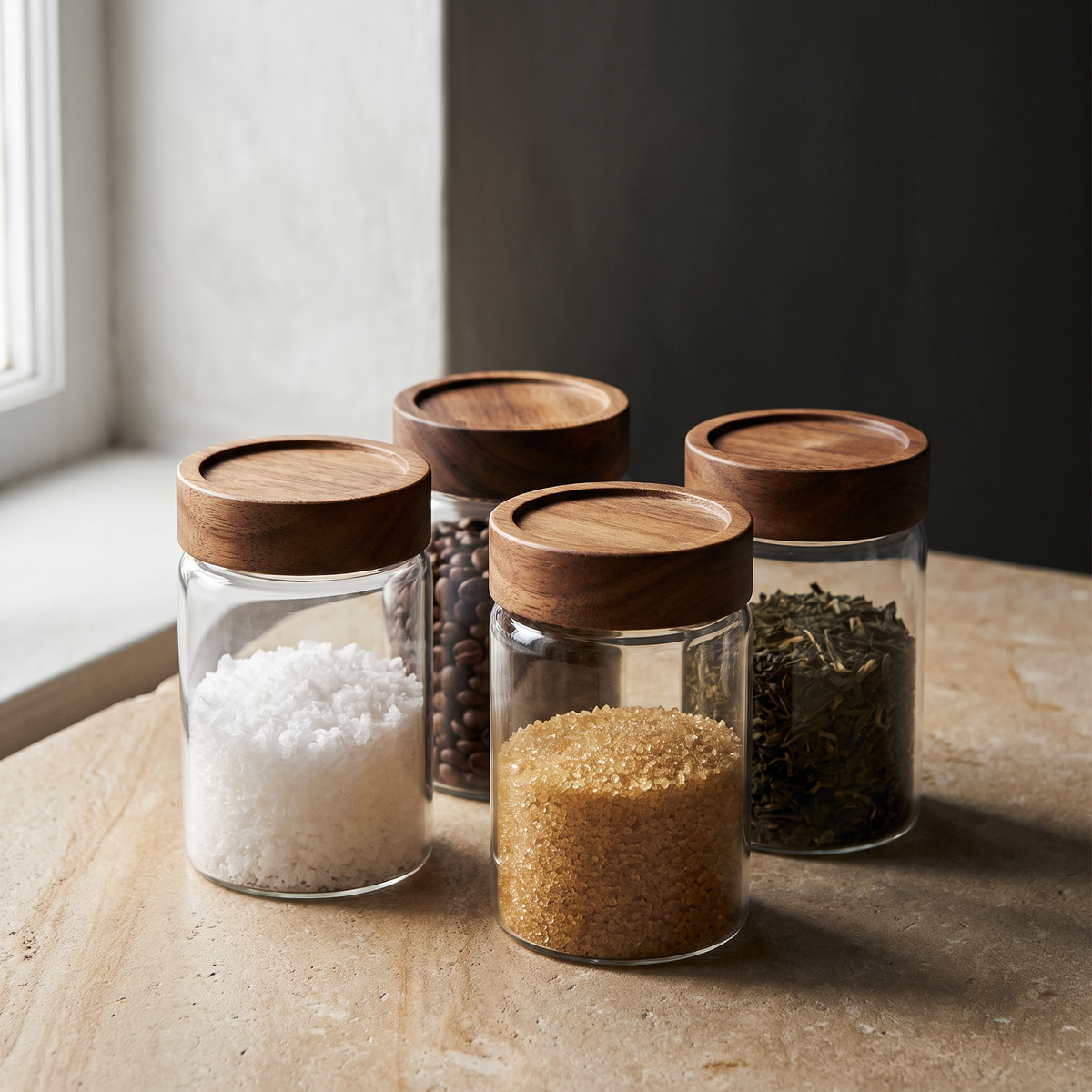 Four glass storage jars with acacia wood lids on a limestone worktop