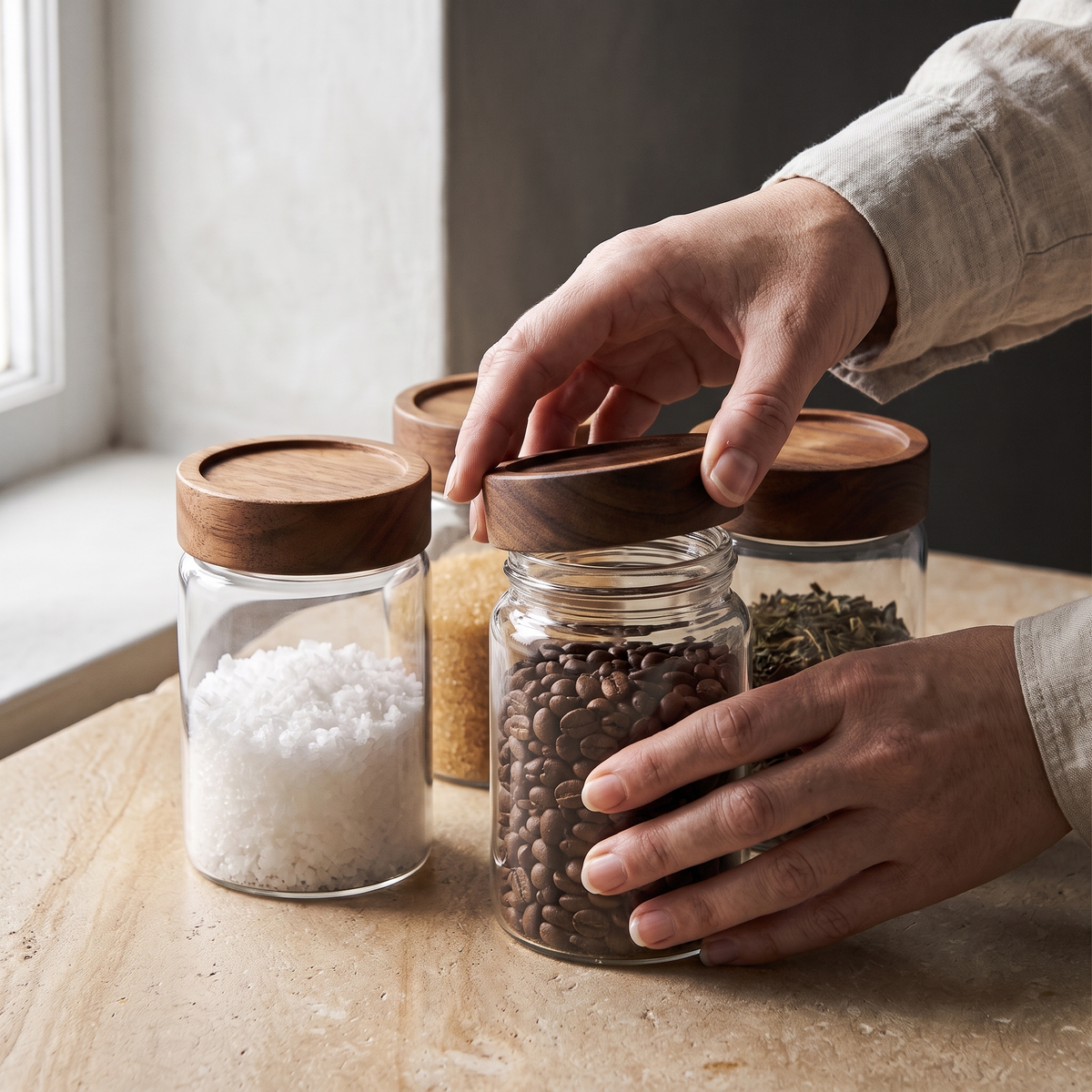 A hand unscrewing the wooden lid from a jar of coffee beans