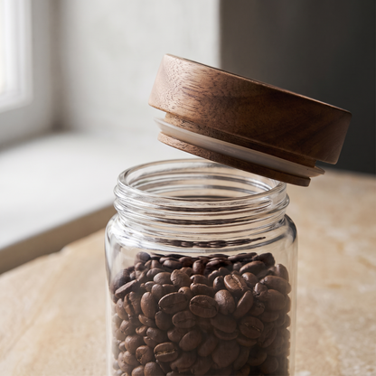 The acacia lid lifted clear of a jar of coffee beans, showing the seal and screw thread