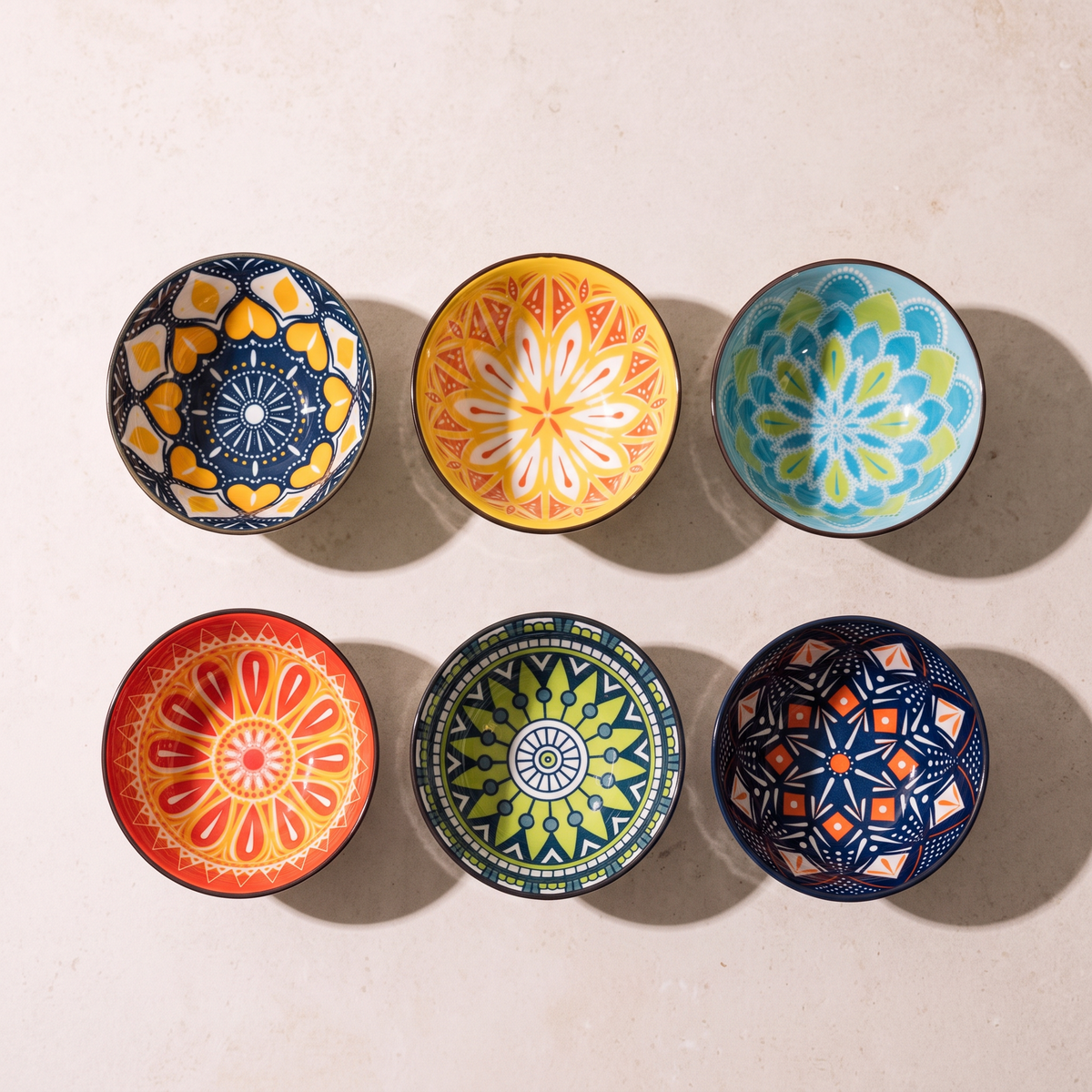 Six hand painted bohemian bowls laid out in two rows on a limestone worktop