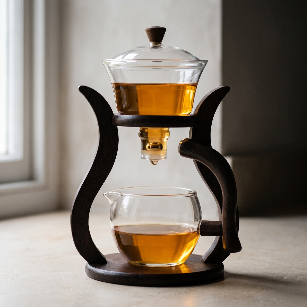 The full glass teapot and wooden stand seen straight on