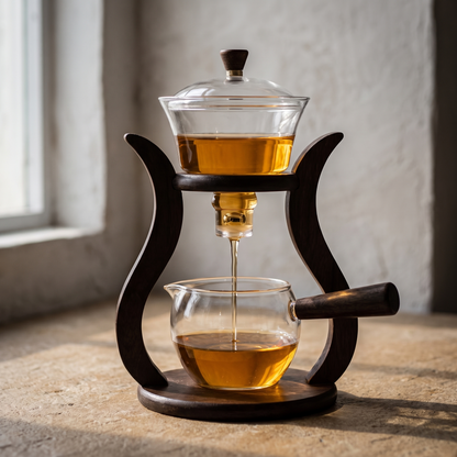 Glass drip teapot on its wooden stand with tea running into the carafe