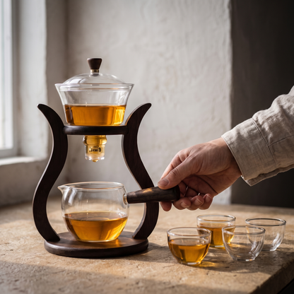 The teapot on a worktop with small glass cups, a hand on the wooden handle