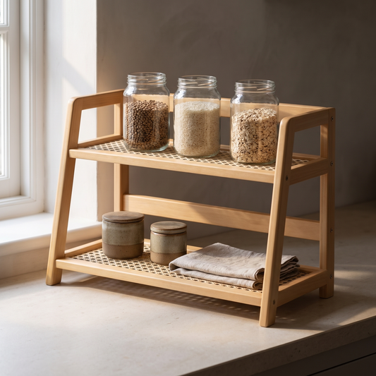 Two tier shelf with woven cane shelves holding jars and linen on a kitchen worktop