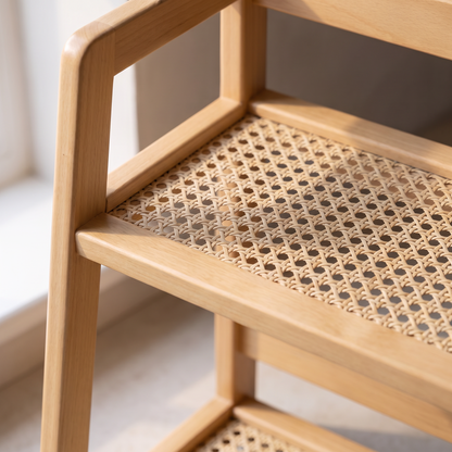 Close view of the woven cane shelf panel and the pale wood frame