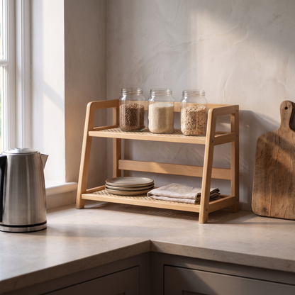 The shelf on a kitchen worktop beside a kettle and a board, showing its small scale