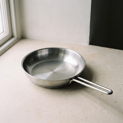 316 stainless steel frying pan seen from above on a limestone worktop