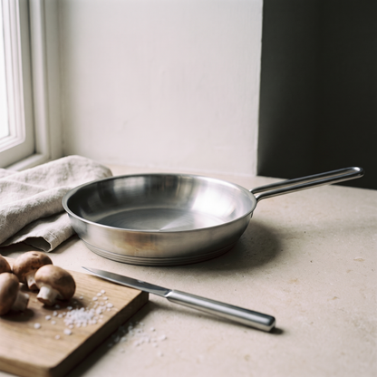 The pan on a worktop with mushrooms, a board and a linen cloth