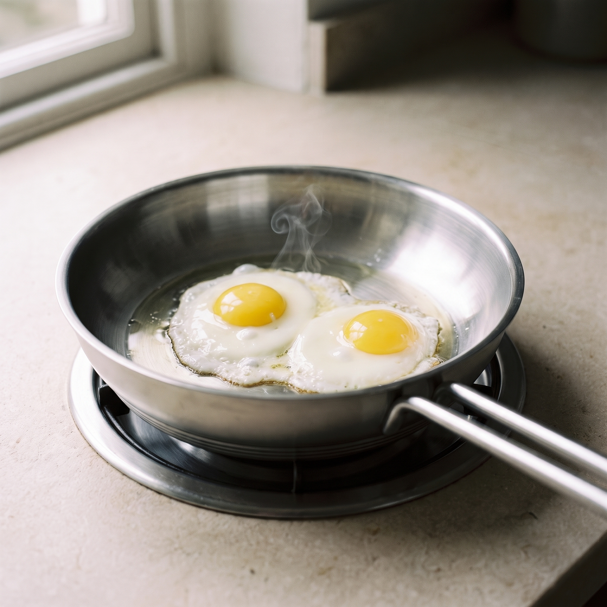 Two eggs frying in the stainless pan with the whites just setting