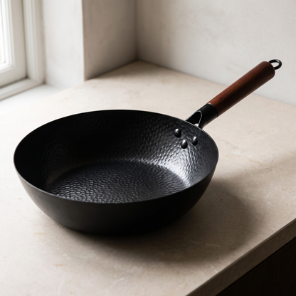 The iron wok and its wooden handle seen from a three quarter angle