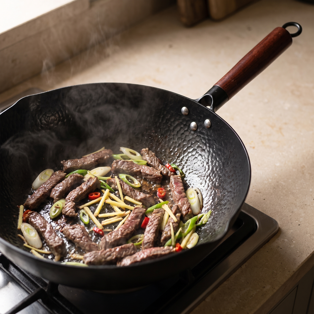 Beef and spring onion stir frying in the iron wok