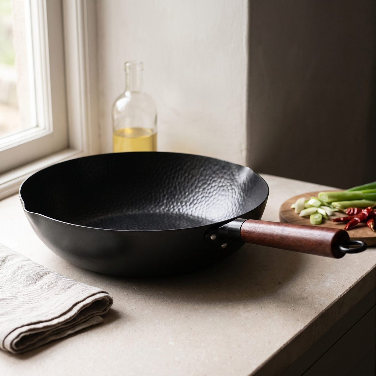 The wok on a kitchen worktop with spring onion, chillies and a bottle of oil