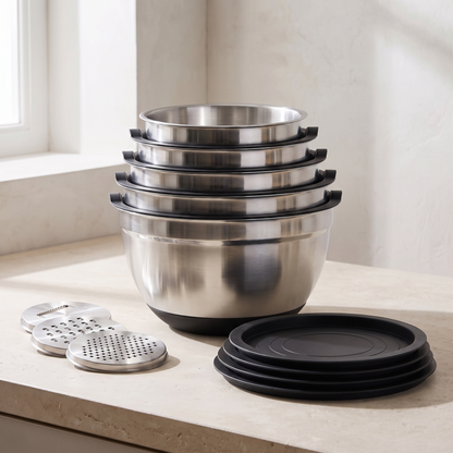 The five bowls nested into one stack with the lids stacked flat beside them