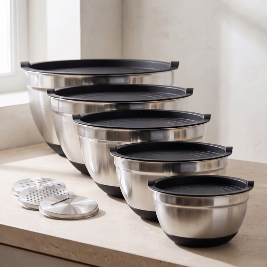 Five stainless mixing bowls stepped by size with three grater discs beside them