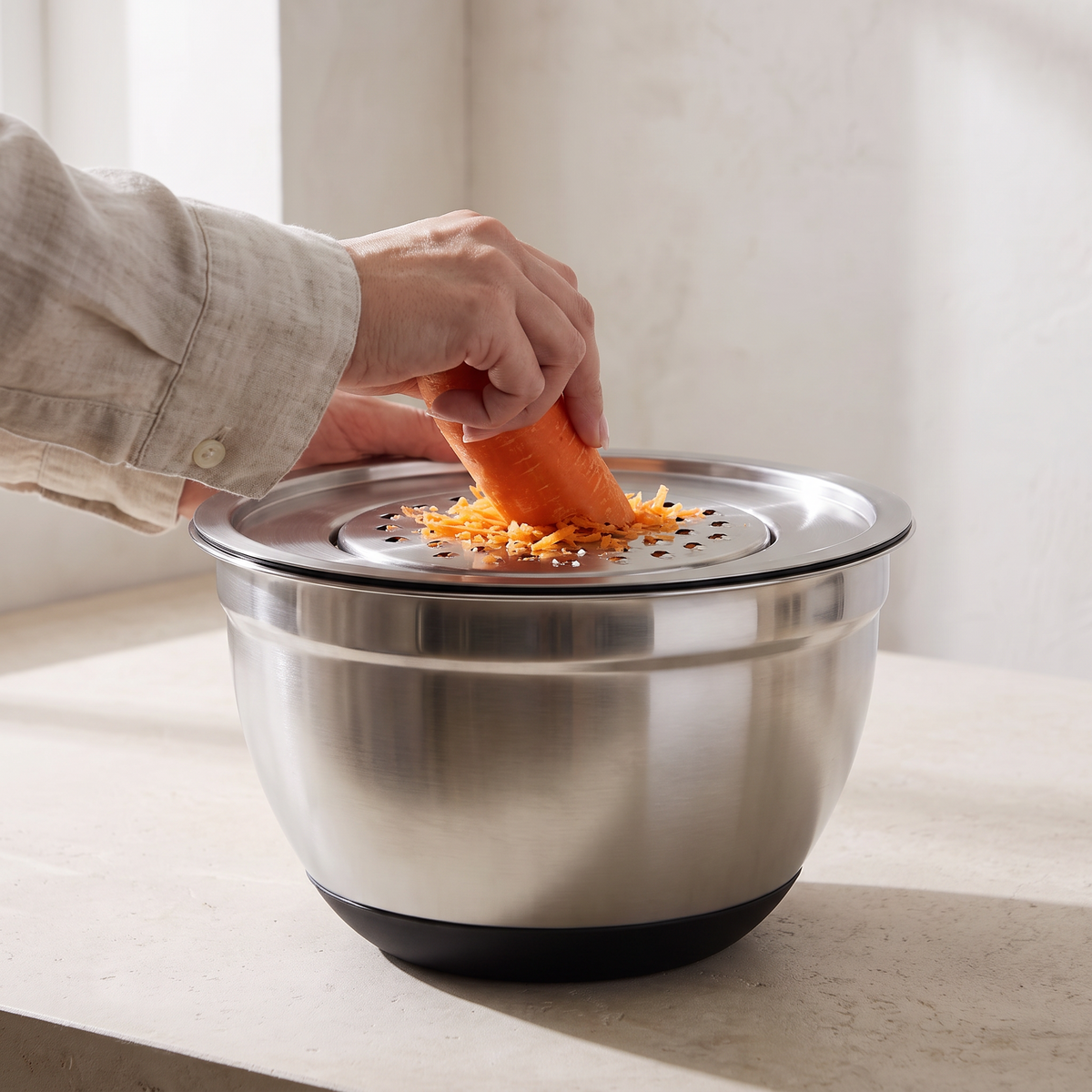 A carrot being grated on a disc seated in the rim of a bowl