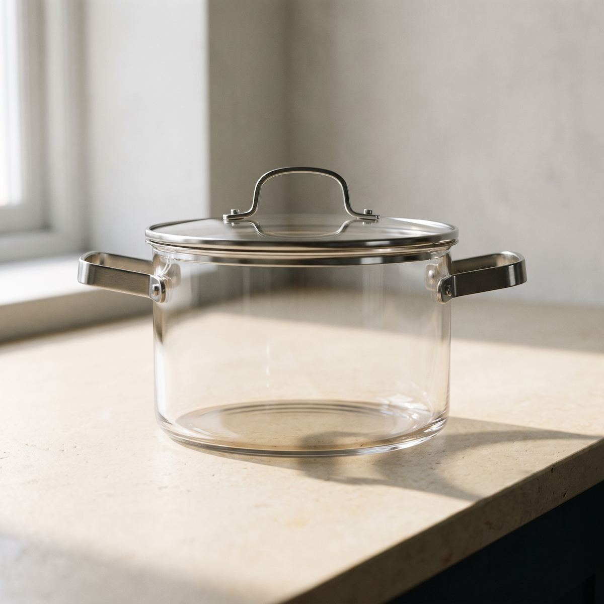 The empty glass pot with its lid on