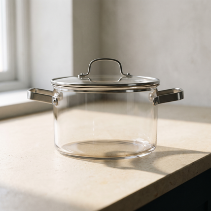 The empty glass pot with its lid on