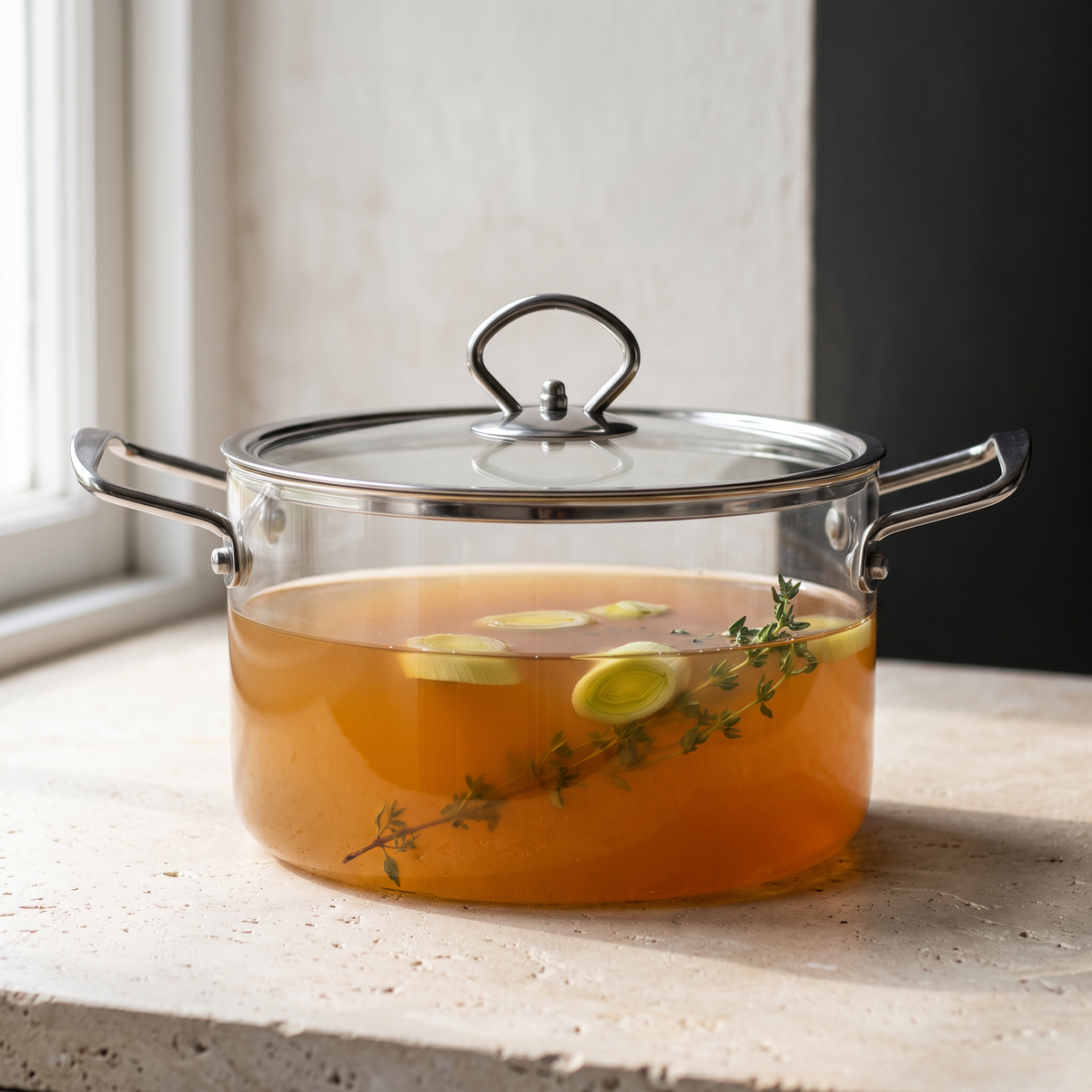 Borosilicate glass cooking pot holding a clear amber broth