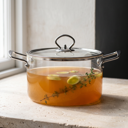 Borosilicate glass cooking pot holding a clear amber broth