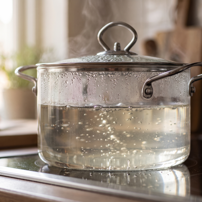 Stock simmering in the glass pot with condensation beading on the lid