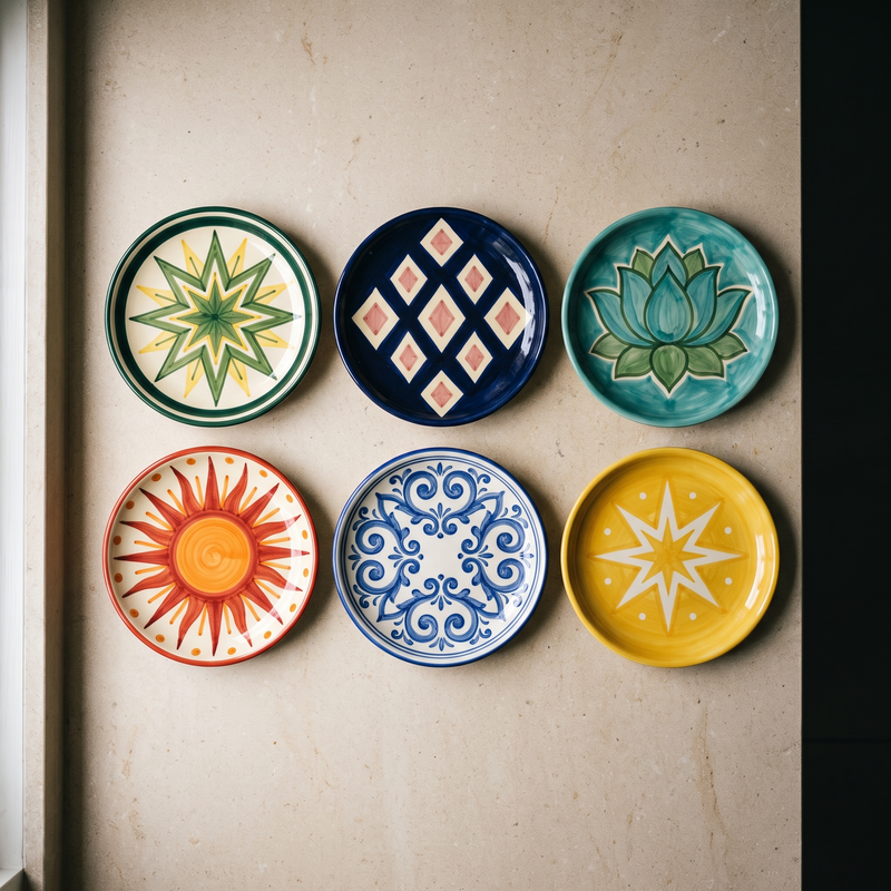 Six hand painted bohemian side plates laid out in two rows, each a different pattern
