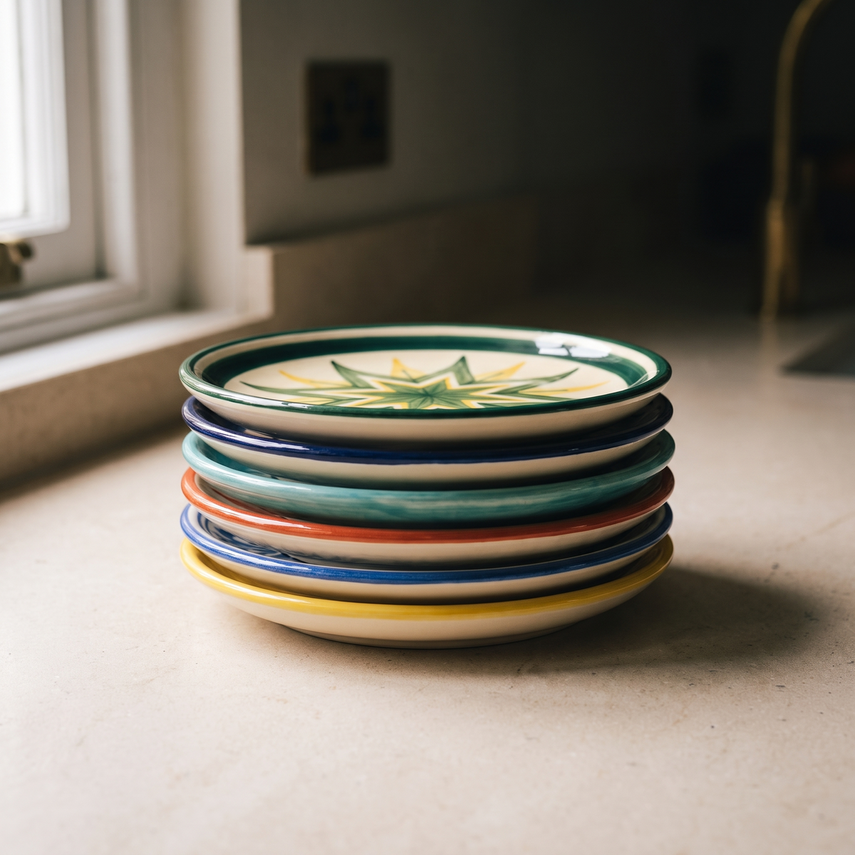 The six plates stacked, showing how flat the set sits