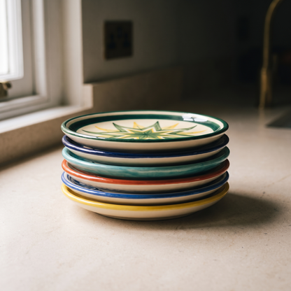 The six plates stacked, showing how flat the set sits