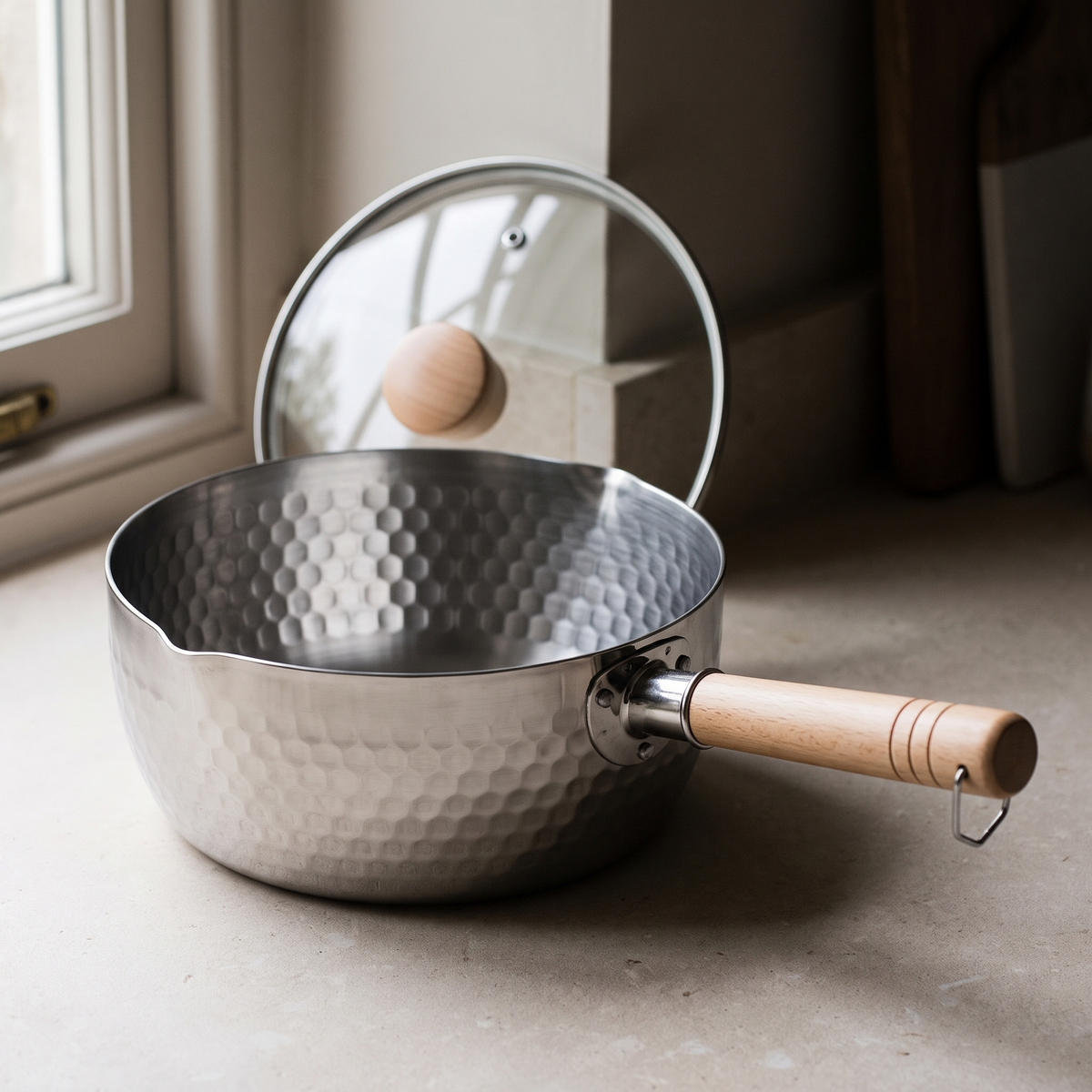 Hammered steel yukihira saucepan with its glass lid propped behind it