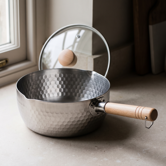 Hammered steel yukihira saucepan with its glass lid propped behind it
