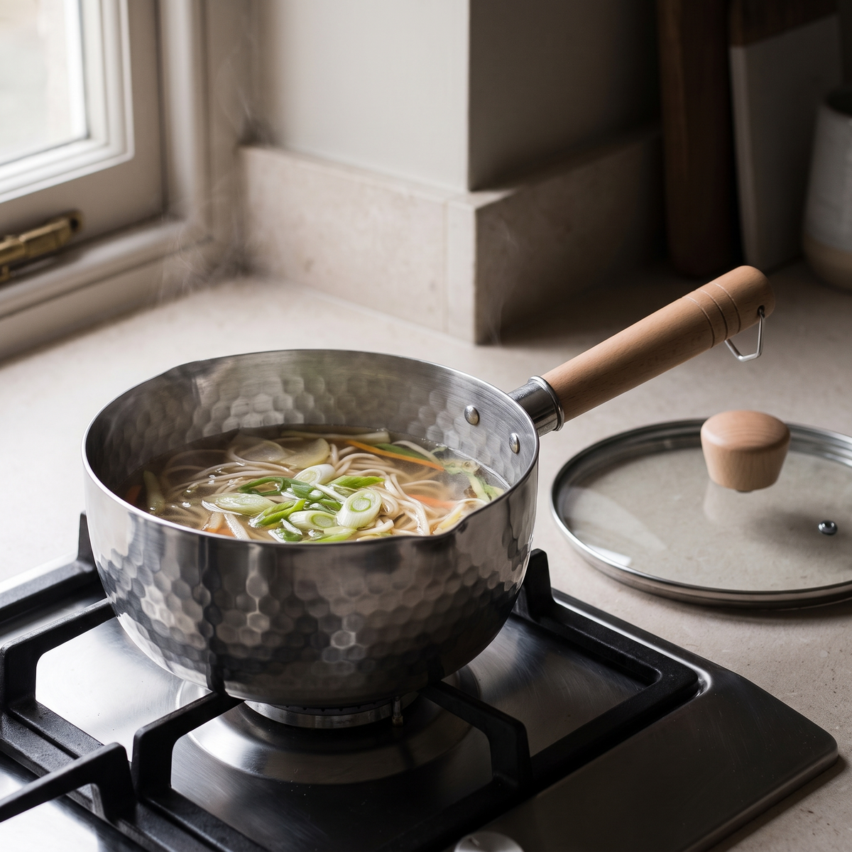 The saucepan simmering broth and noodles on a gas hob