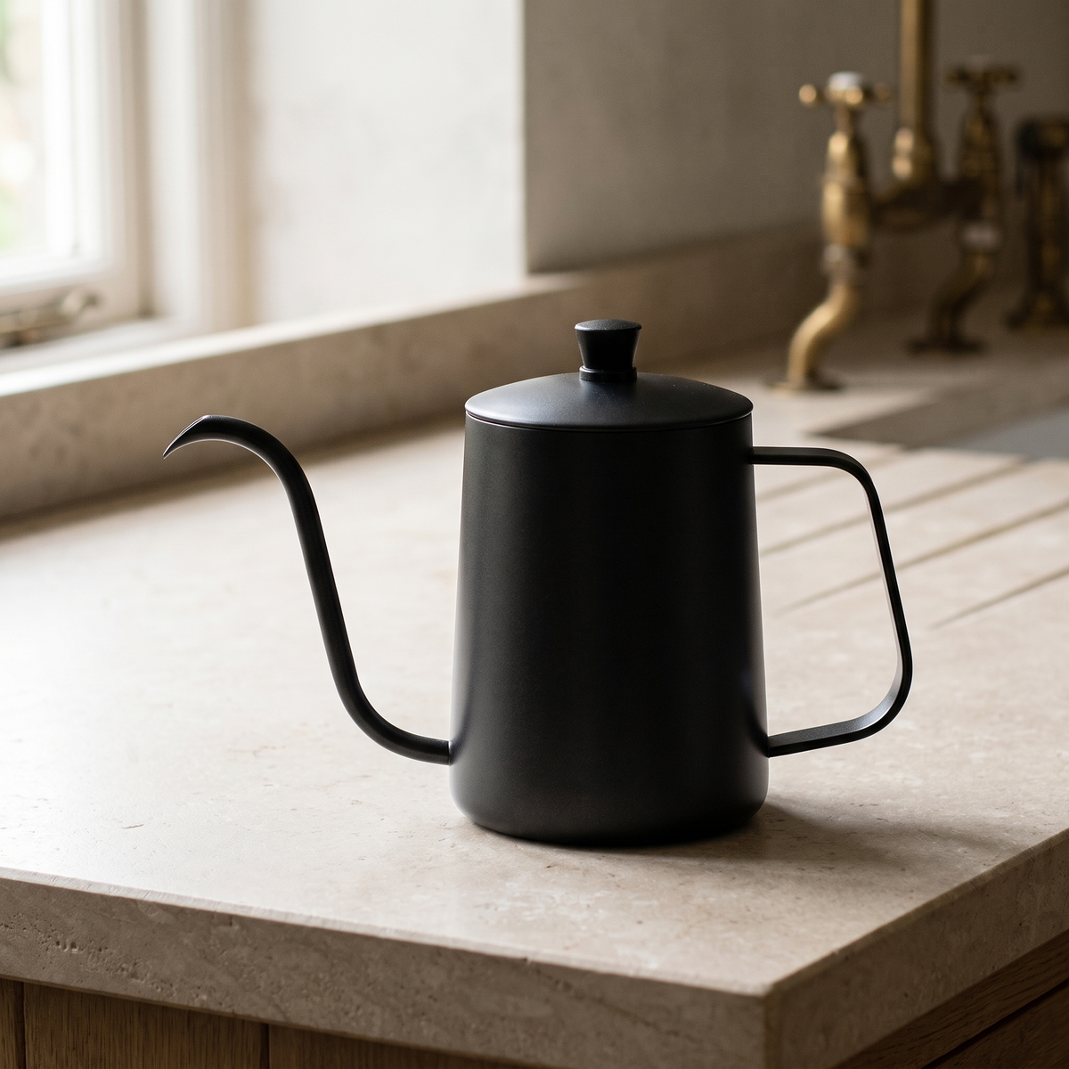 Matt black gooseneck pour over kettle on a limestone worktop