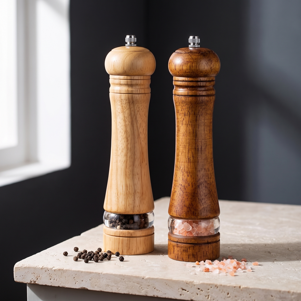 The pale and dark wooden mills standing side by side on a limestone worktop