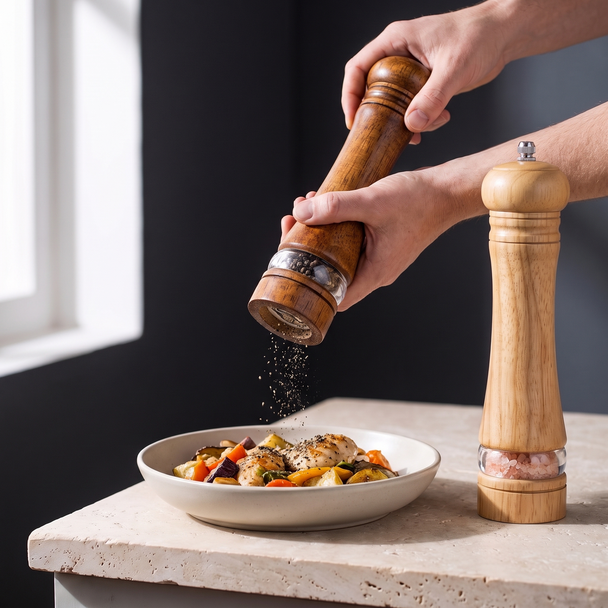 Grinding pepper from the darker mill over a dish