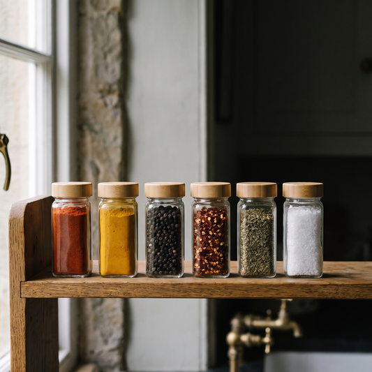 Six glass spice jars with bamboo lids in a row on an oak shelf