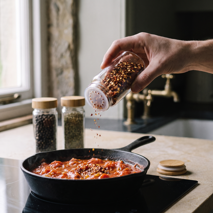 Shaking chilli flakes from a jar through the sifter lid over a pan