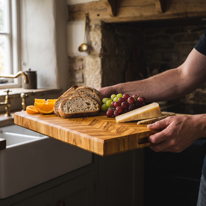 The board carried to the table by its side grips, laid with bread and cheese