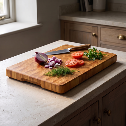 The board mid preparation with a knife, onion, tomatoes and herbs