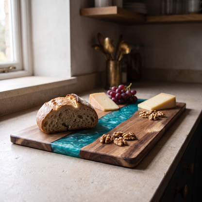 The board laid out with bread, cheese, grapes and walnuts