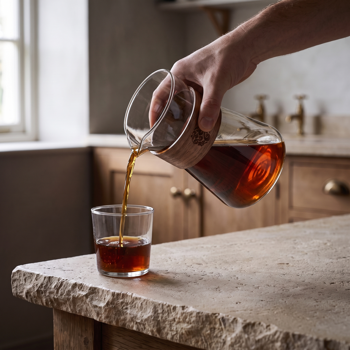 Pouring a clean stream from the carafe into a tumbler