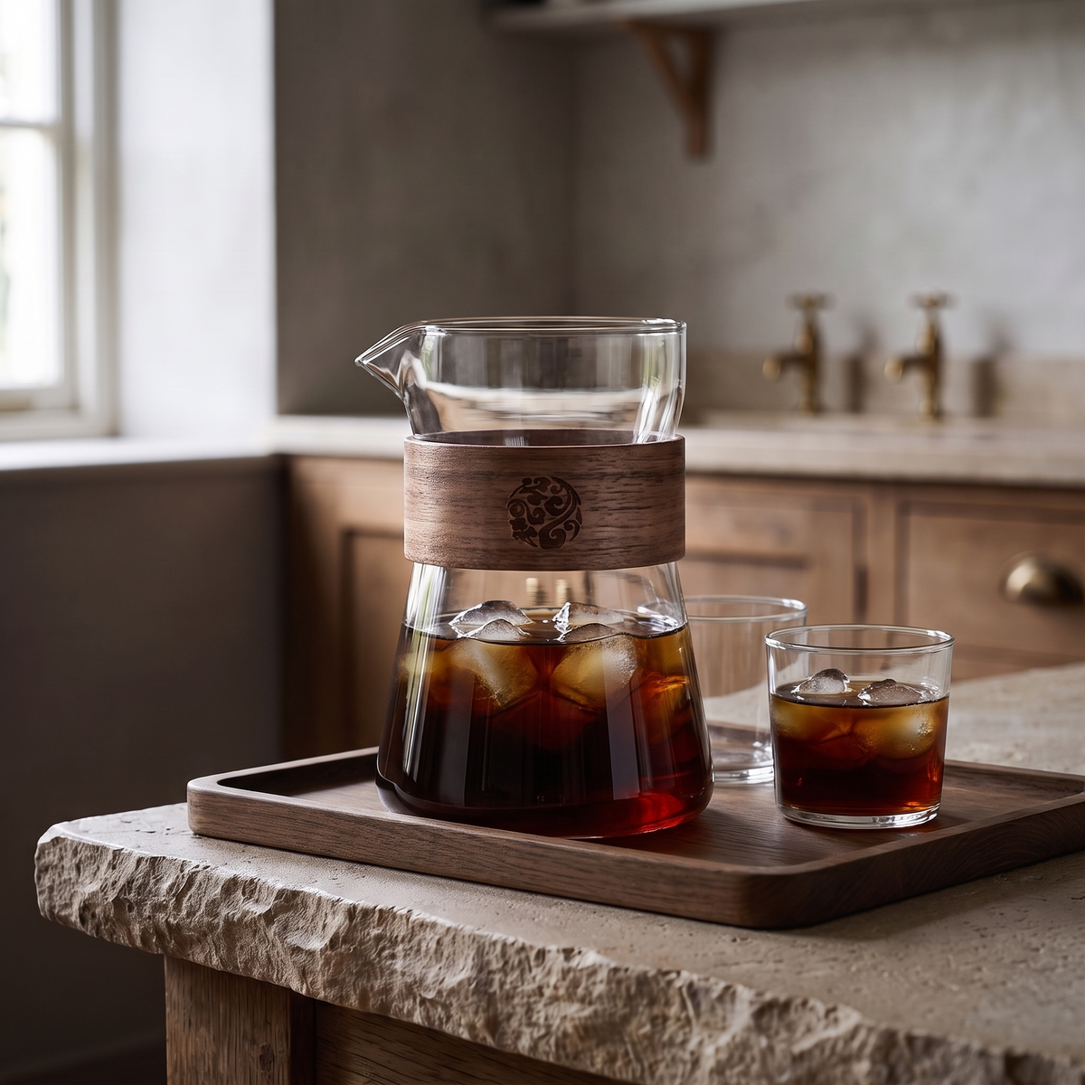 The carafe on an oak tray with two glasses of iced coffee