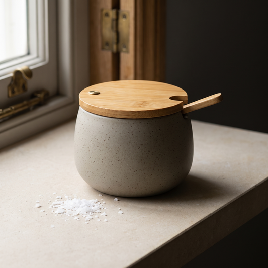 Speckled stoneware salt cellar with its bamboo lid closed and spoon in place