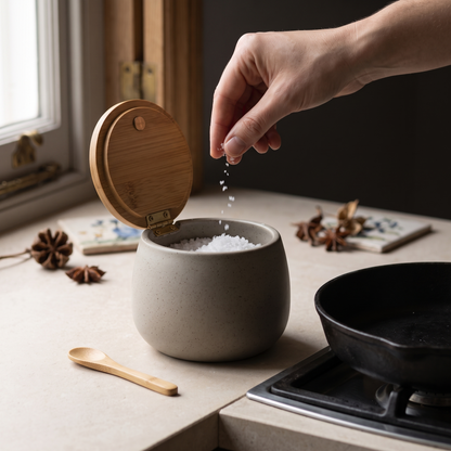 Taking a pinch of salt straight from the pot beside a pan on the hob