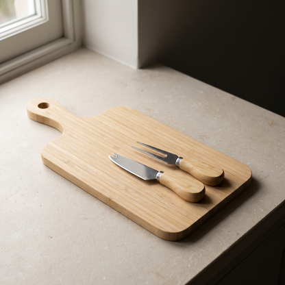 Bamboo paddle board with its cheese knife and fork laid on it