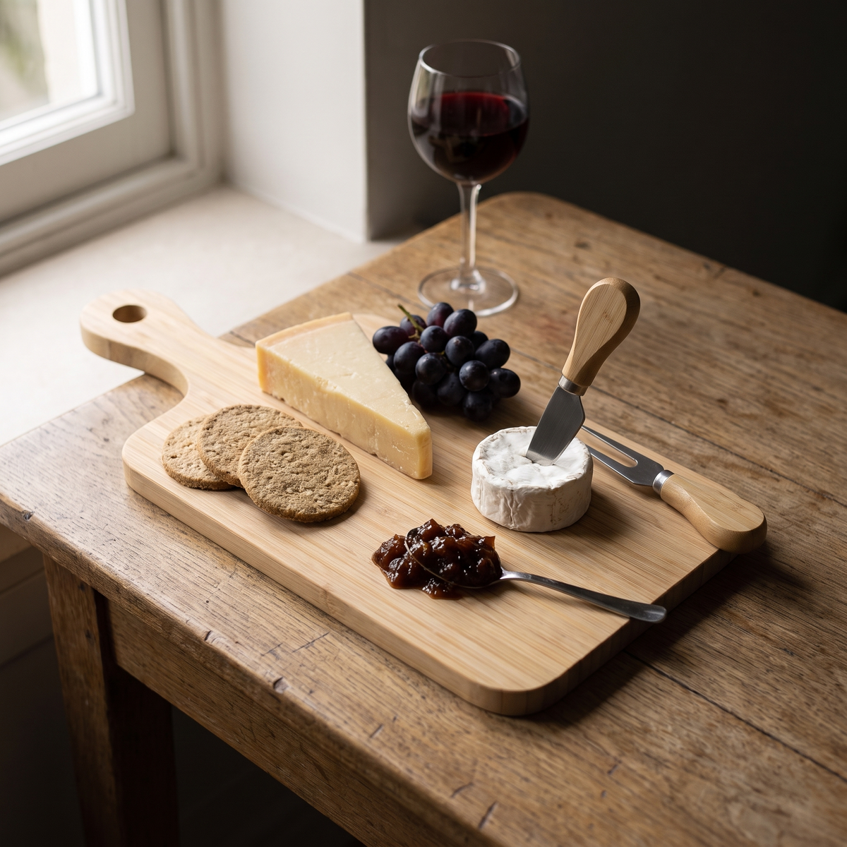 The board laid with cheese, oatcakes and grapes beside a glass of wine