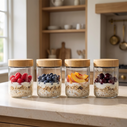 Four glass meal prep jars with bamboo lids holding layered overnight oats